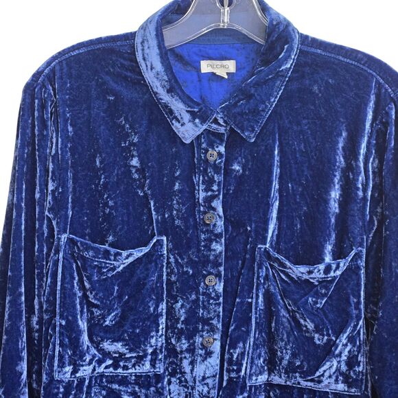 Anthropologie Pilcro Hadley Relaxed Velvet Button Down Shirt Blouse Sz M Blue - Picture 2 of 10